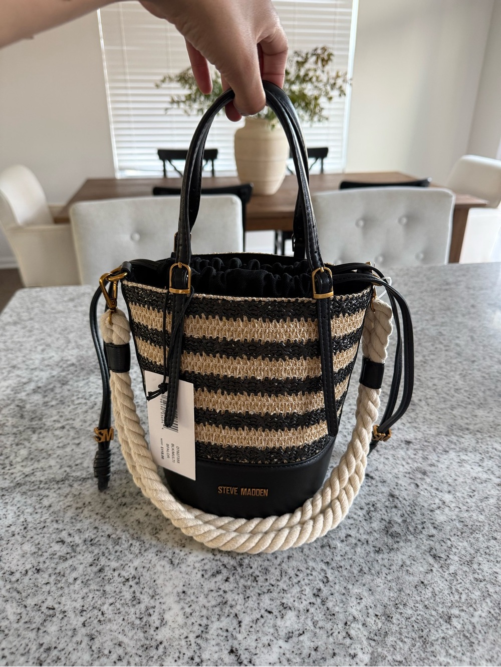 NWT Steve Madden Black and Natural Striped Rope-Handle Bucket Tote